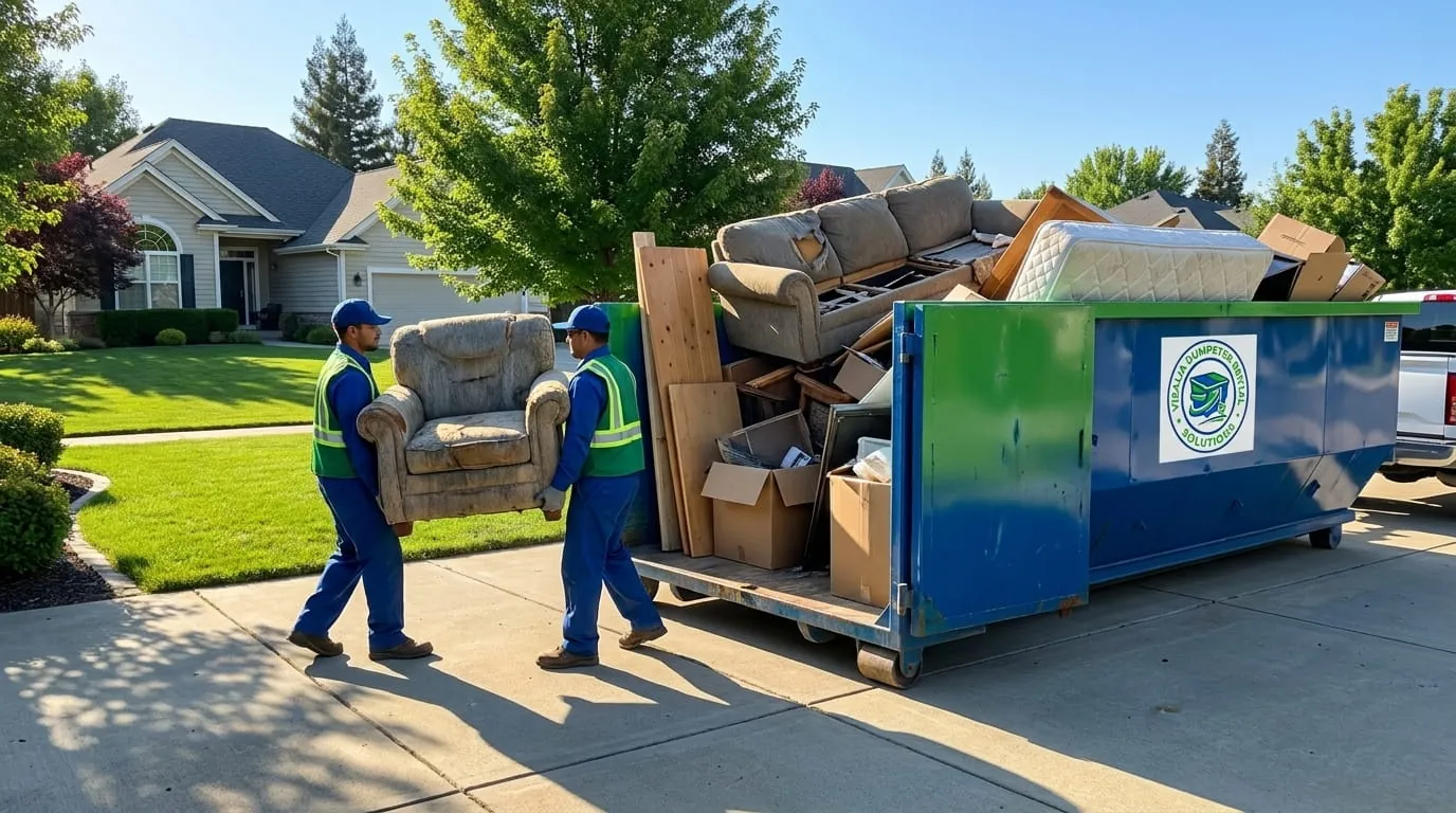 Crew loading demolition debris into a roll-off container in Visalia, California Crew loading demolition debris into a roll-off container in Visalia, California