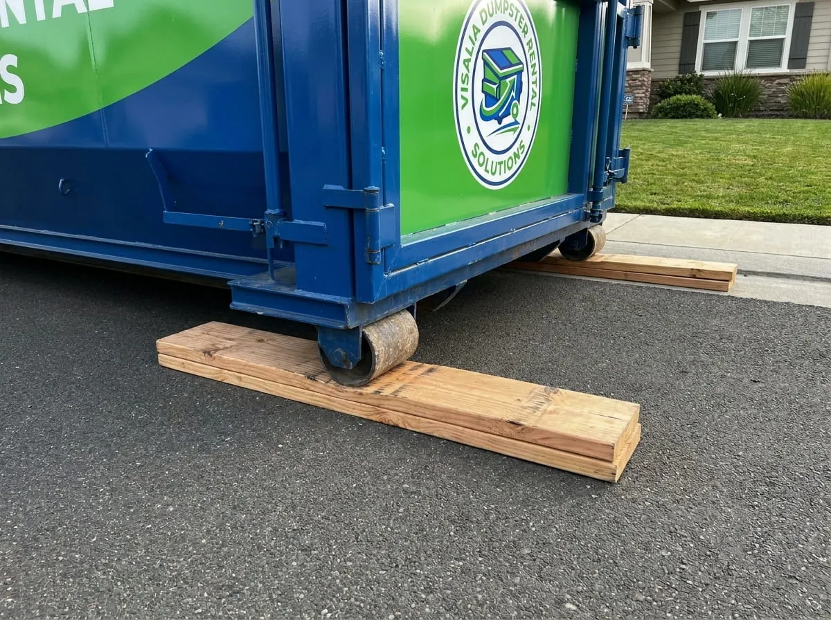 15 yard roll-off dumpster on a job in Visalia, CA 15 yard roll-off dumpster on a job in Visalia, CA