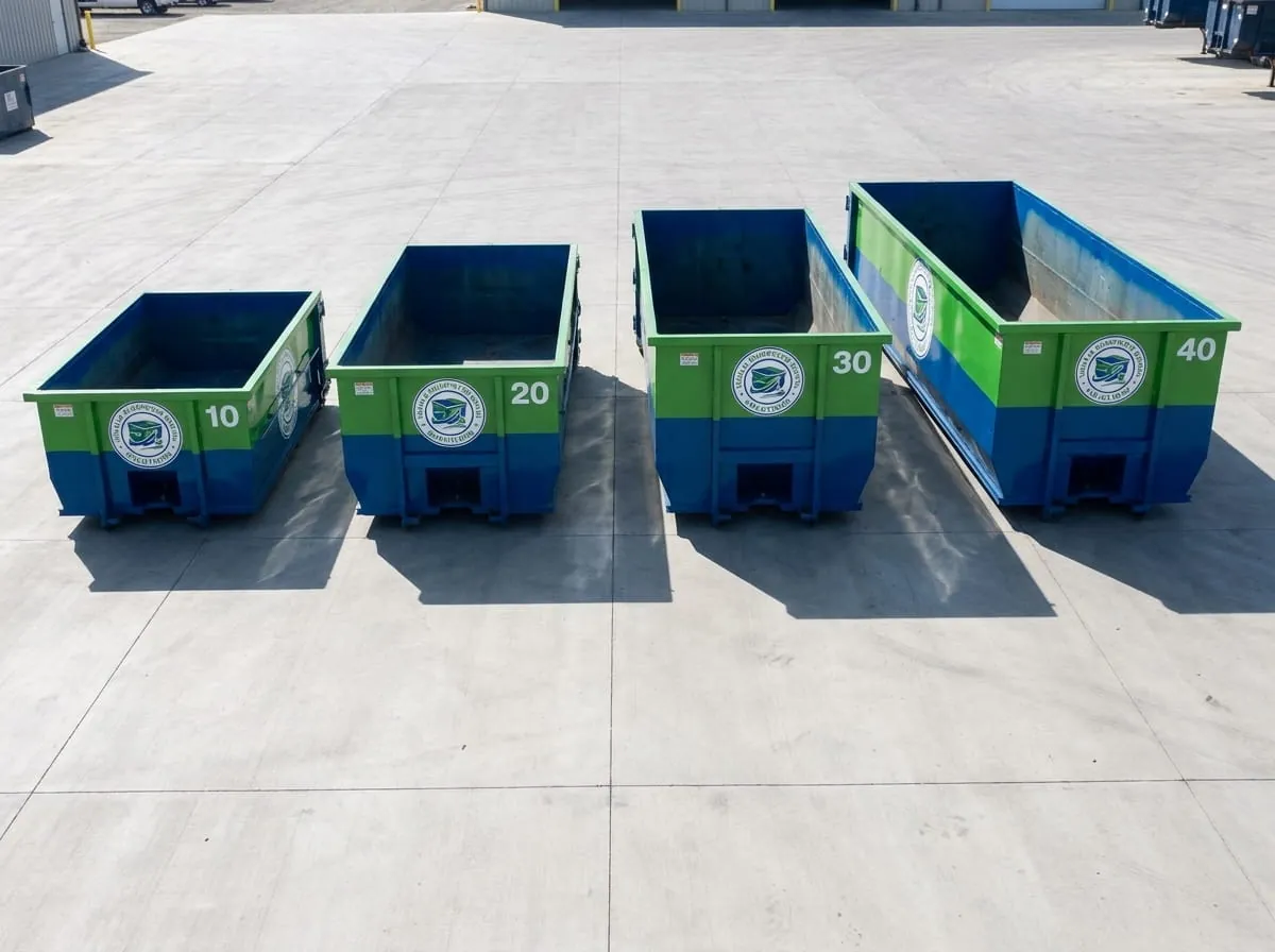 10, 15, 20 and 30 yard roll-off dumpsters lined up ready for rent in Visalia, CA 10, 15, 20 and 30 yard roll-off dumpsters lined up ready for rent in Visalia, CA
