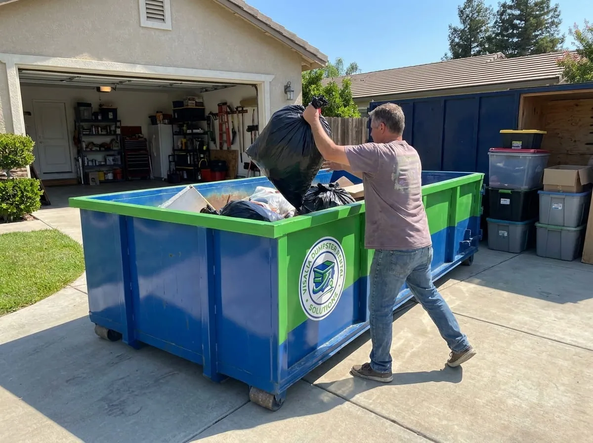Homeowner loading household junk into a roll-off dumpster in Visalia, California Homeowner loading household junk into a roll-off dumpster in Visalia, California